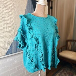 Tru Luxe Jeans Turquoise Eyelet Oversized Ruffle Sleeve Blouse